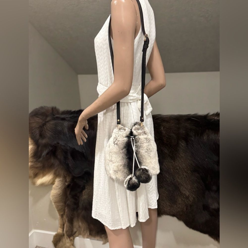 Handmade 2 Tone Real Rex Rabbit Fur Drawstring Bucket Bag,Includes 2 Straps - Picture 6 of 15